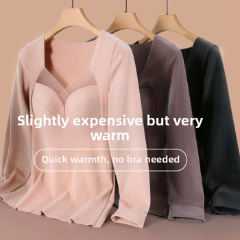 Termálne horné tielko pre ženy s výplňou na poprsie, V-krk, dlhé rukávy, De Velvet akryl, mimoriadne hrubý materiál