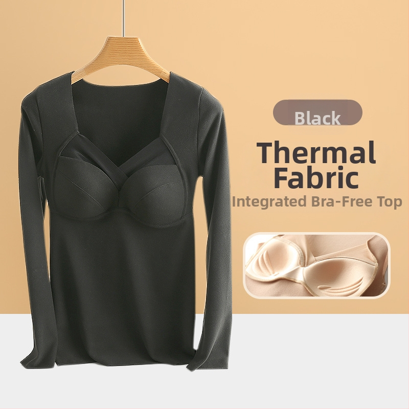 Termálne horné tielko pre ženy s výplňou na poprsie, V-krk, dlhé rukávy, De Velvet akryl, mimoriadne hrubý materiál