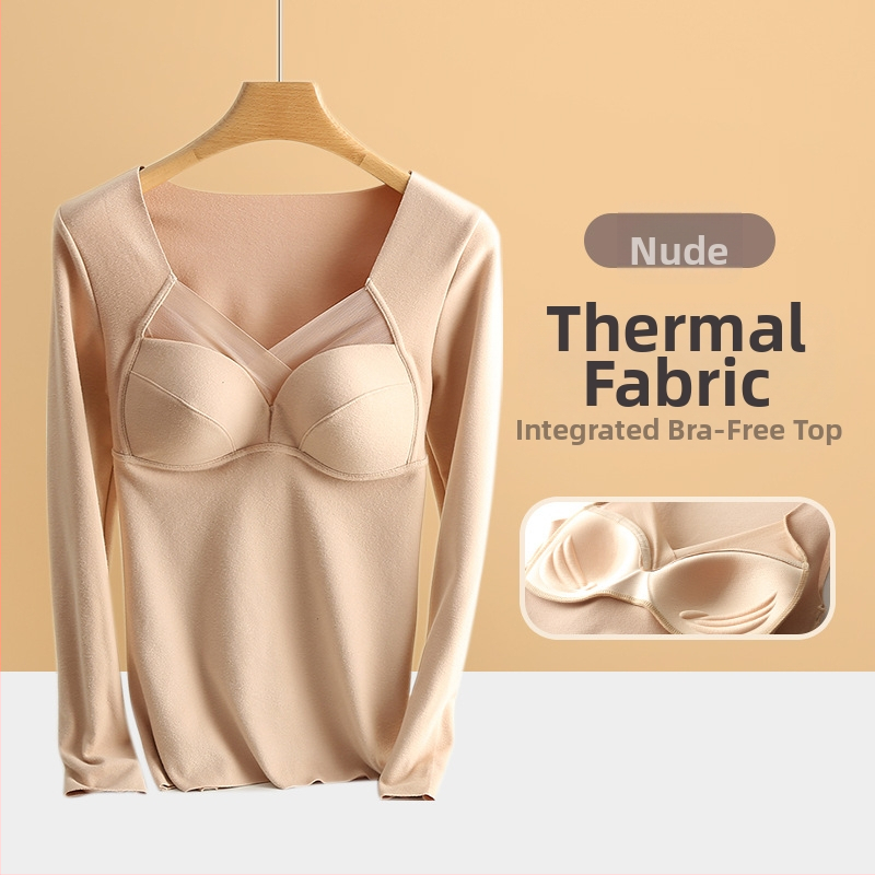 Termálne horné tielko pre ženy s výplňou na poprsie, V-krk, dlhé rukávy, De Velvet akryl, mimoriadne hrubý materiál