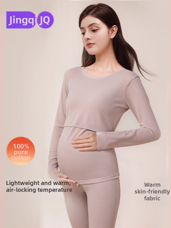 Tehotenská bavlnená súprava, dvojdielna, okrúhly výstrih, dlhé rukávy, voľný strih, pre tehotenstvo a dojčenie