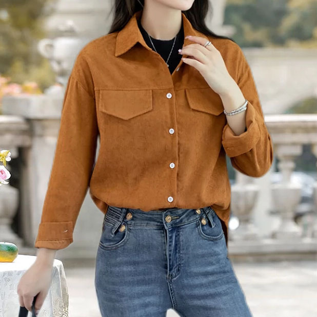 Corduroy žena košulja-jakna, udoban kroj, srednja duljina, polo ovratnik, dugi rukav