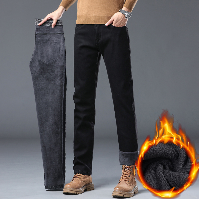 Pánske džínové nohavice na zimu s flísovou podšívkou, rovný strih, stredný pás, zips, zloženie: 70% bavlna / 28% polyester / 2% elastán