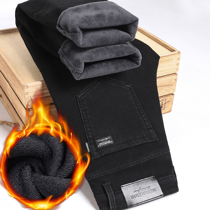 Pánske džínové nohavice na zimu s flísovou podšívkou, rovný strih, stredný pás, zips, zloženie: 70% bavlna / 28% polyester / 2% elastán