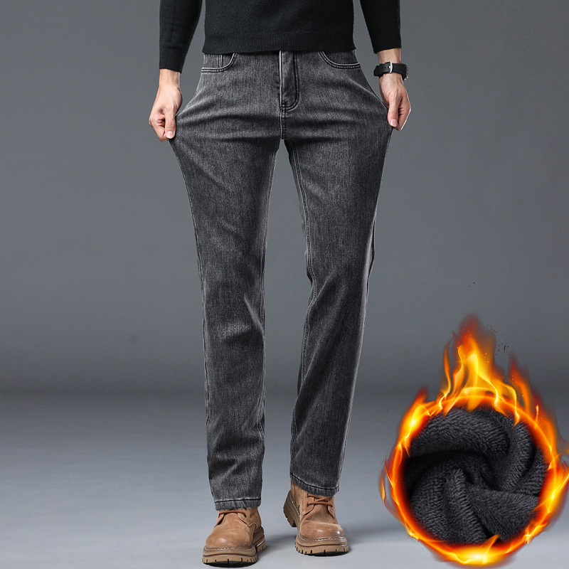 Pánske džínové nohavice na zimu s flísovou podšívkou, rovný strih, stredný pás, zips, zloženie: 70% bavlna / 28% polyester / 2% elastán