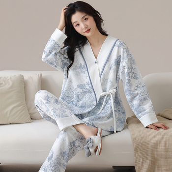 Tehotenský pyžamový set pre predporodné a poporodné obdobie, kimono štýl, vrstvené termálne zimné domáce oblečenie (Air cotton; Bavlna 50–70%; Dlhé rukávy; Nohavice; Hustota 201–250 g/m2)