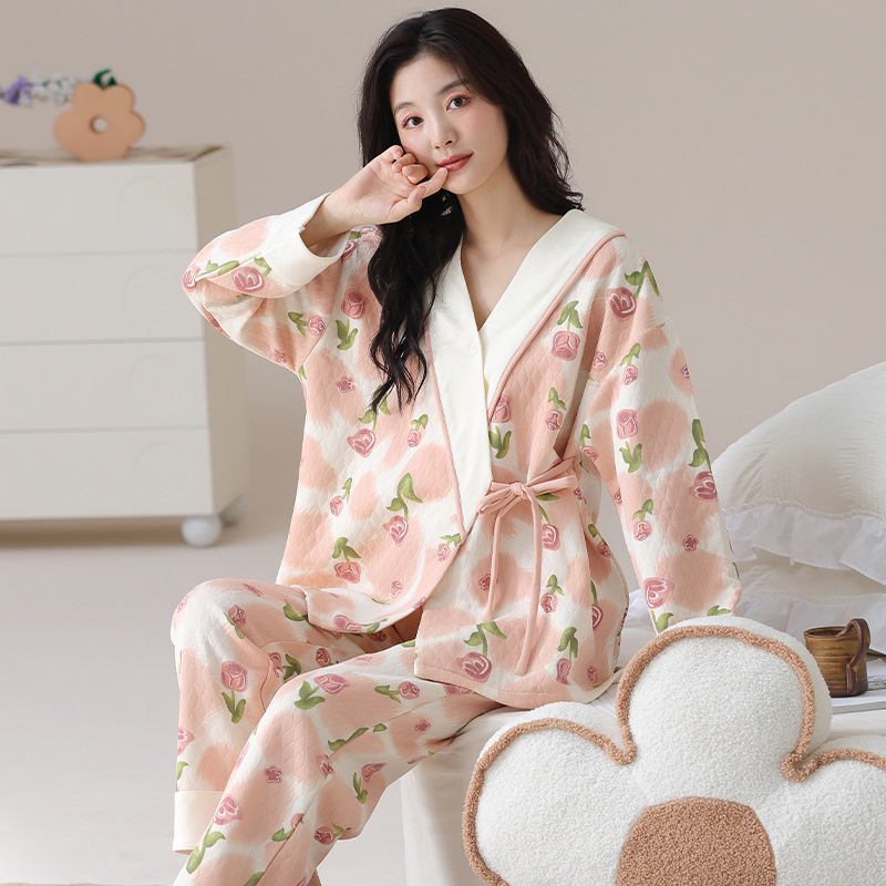 Tehotenský pyžamový set pre predporodné a poporodné obdobie, kimono štýl, vrstvené termálne zimné domáce oblečenie (Air cotton; Bavlna 50–70%; Dlhé rukávy; Nohavice; Hustota 201–250 g/m2)