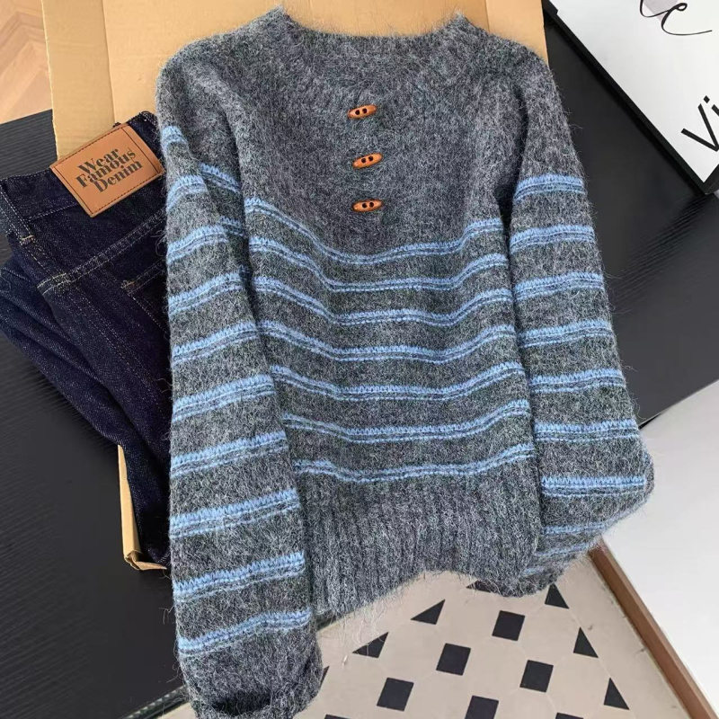 Kórejský štýl pruhovaný pletený sveter, kruhový golier, voľný strih, normálna dĺžka, materiál spandex