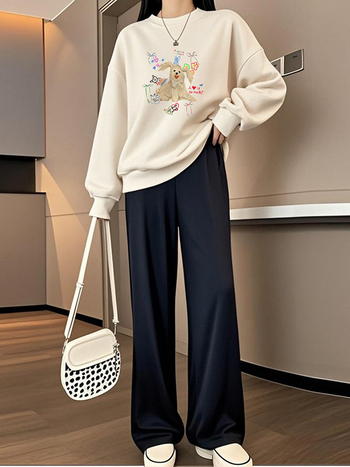 Tehotenský kostým s vrškom a nohavicami, potlač kartúnu, bavlno-polyesterová tkanina, polyester 50–70%, jeseň 2025, japonsko-kórejský casual štýl