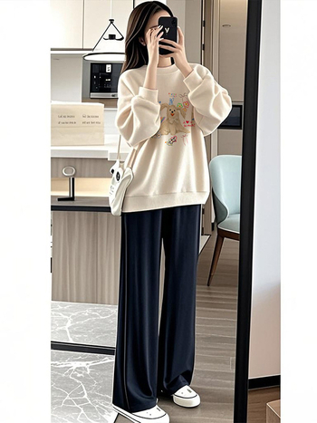 Tehotenský kostým s vrškom a nohavicami, potlač kartúnu, bavlno-polyesterová tkanina, polyester 50–70%, jeseň 2025, japonsko-kórejský casual štýl