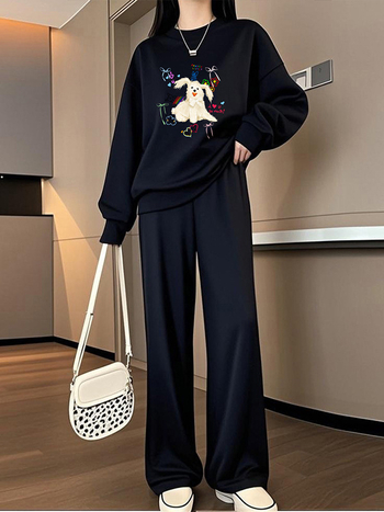 Tehotenský kostým s vrškom a nohavicami, potlač kartúnu, bavlno-polyesterová tkanina, polyester 50–70%, jeseň 2025, japonsko-kórejský casual štýl