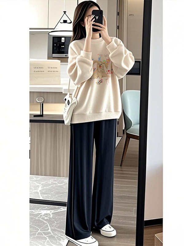 Tehotenský kostým s vrškom a nohavicami, potlač kartúnu, bavlno-polyesterová tkanina, polyester 50–70%, jeseň 2025, japonsko-kórejský casual štýl