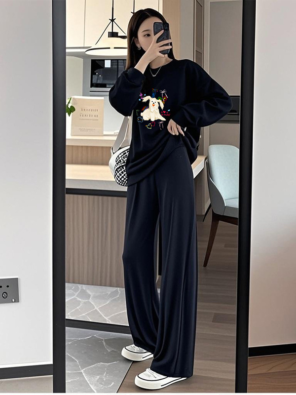 Tehotenský kostým s vrškom a nohavicami, potlač kartúnu, bavlno-polyesterová tkanina, polyester 50–70%, jeseň 2025, japonsko-kórejský casual štýl