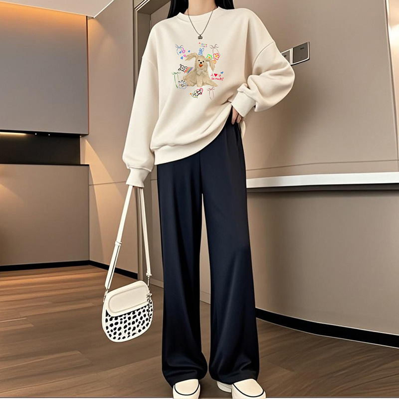 Tehotenský kostým s vrškom a nohavicami, potlač kartúnu, bavlno-polyesterová tkanina, polyester 50–70%, jeseň 2025, japonsko-kórejský casual štýl