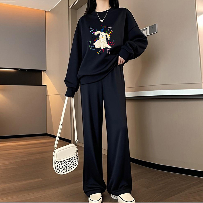 Tehotenský kostým s vrškom a nohavicami, potlač kartúnu, bavlno-polyesterová tkanina, polyester 50–70%, jeseň 2025, japonsko-kórejský casual štýl