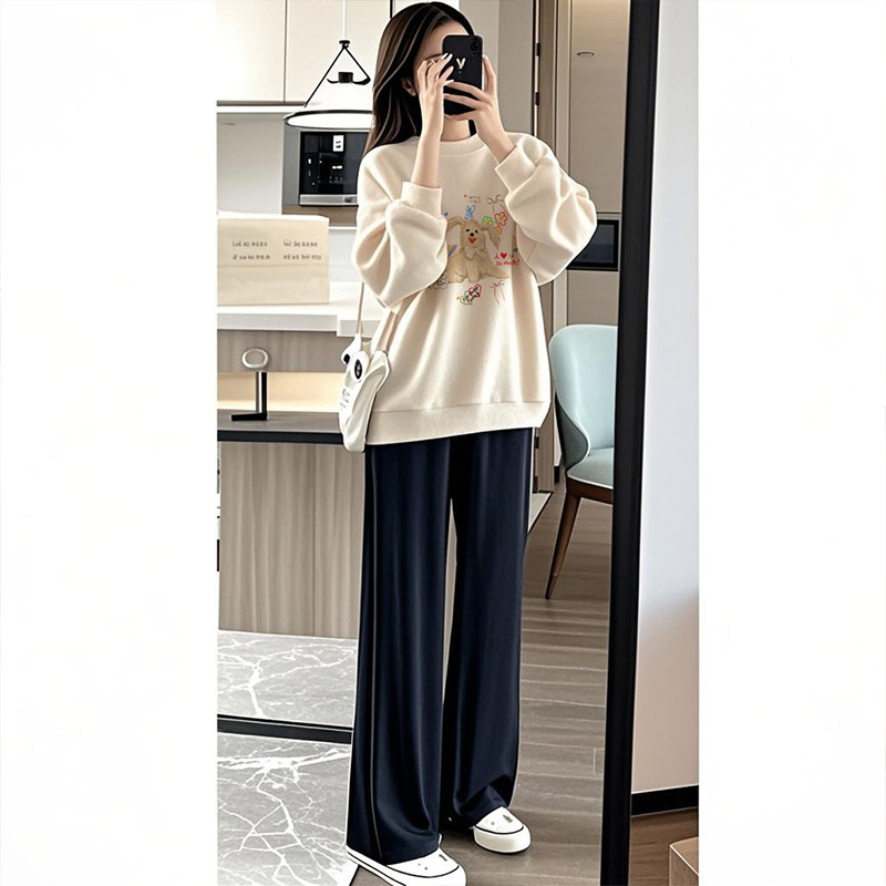 Tehotenský kostým s vrškom a nohavicami, potlač kartúnu, bavlno-polyesterová tkanina, polyester 50–70%, jeseň 2025, japonsko-kórejský casual štýl