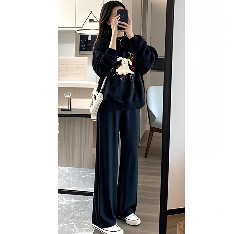 Tehotenský kostým s vrškom a nohavicami, potlač kartúnu, bavlno-polyesterová tkanina, polyester 50–70%, jeseň 2025, japonsko-kórejský casual štýl