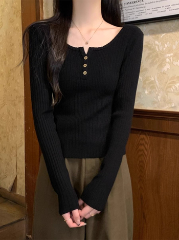 Dámsky pletený sveter so štvorcovým golierom, viskózové vlákno, tenký, priliehavý strih, dlhé rukávy