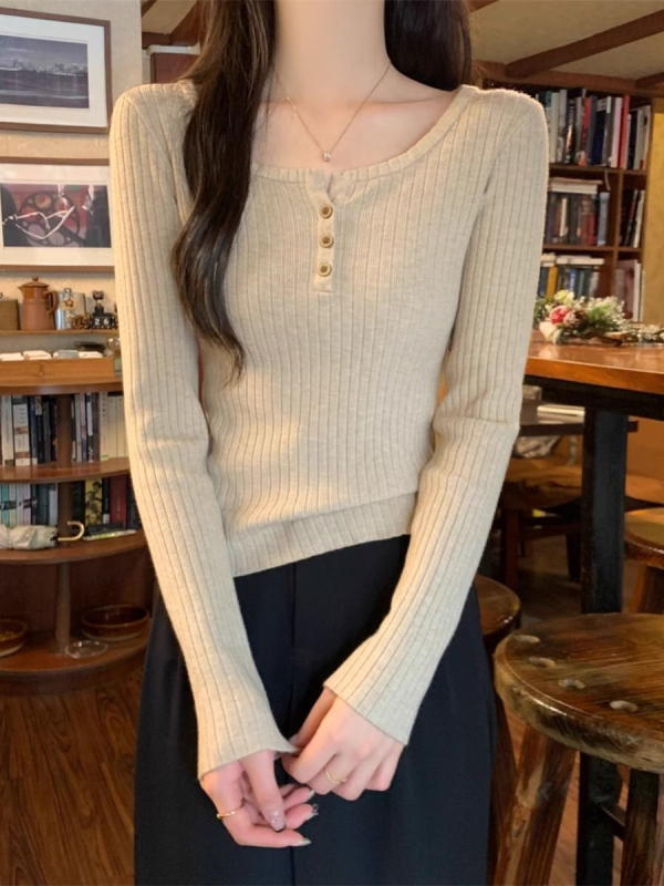 Dámsky pletený sveter so štvorcovým golierom, viskózové vlákno, tenký, priliehavý strih, dlhé rukávy