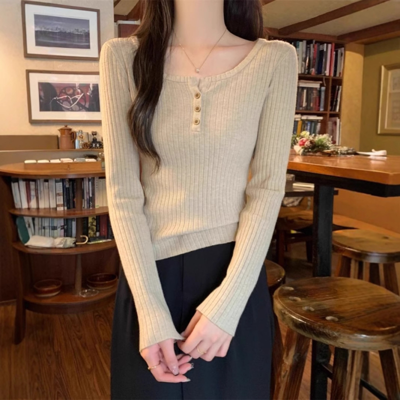 Dámsky pletený sveter so štvorcovým golierom, viskózové vlákno, tenký, priliehavý strih, dlhé rukávy