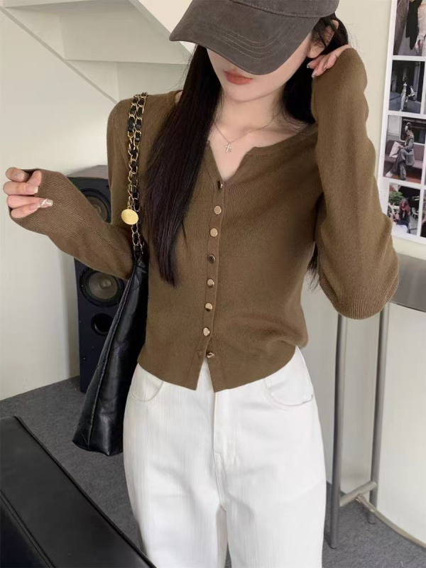 Dámsky pletený cardigan z polyesteru s výstrihom do V, dlhé rukávy, štíhly strih, gombíky