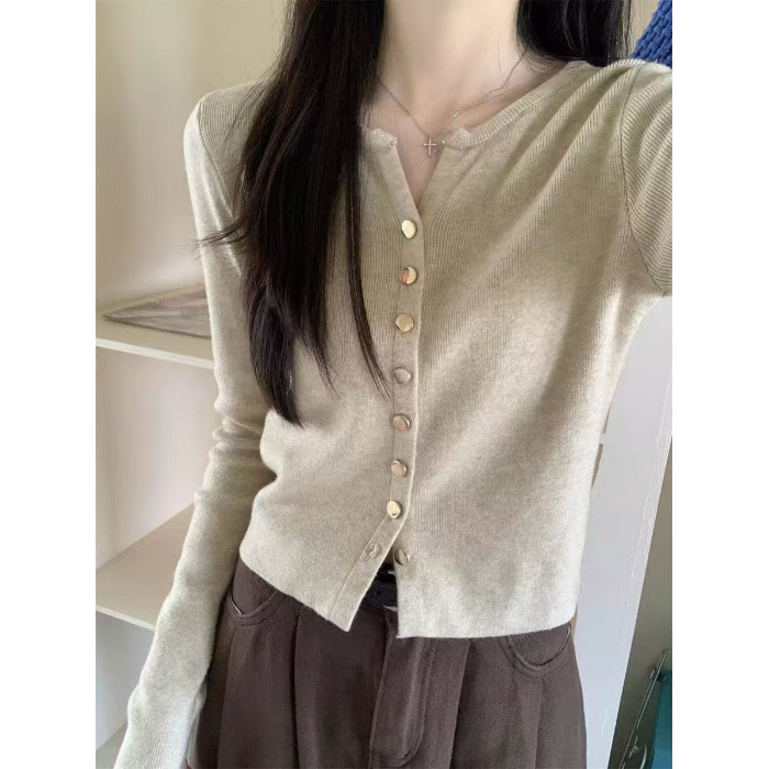 Dámsky pletený cardigan z polyesteru s výstrihom do V, dlhé rukávy, štíhly strih, gombíky