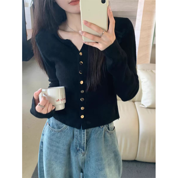 Dámsky pletený cardigan z polyesteru s výstrihom do V, dlhé rukávy, štíhly strih, gombíky