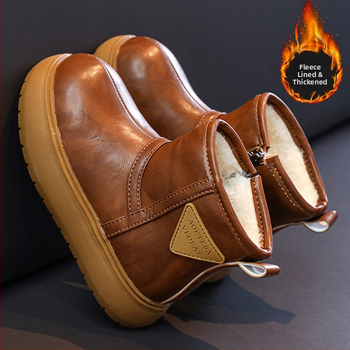 Unisex členkové čižmy s fleecovou výstelkou, nepremokavé, vrchný materiál z umelej kože, bežný štýl, pre deti 4–12 rokov