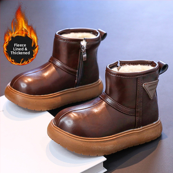 Unisex členkové čižmy s fleecovou výstelkou, nepremokavé, vrchný materiál z umelej kože, bežný štýl, pre deti 4–12 rokov