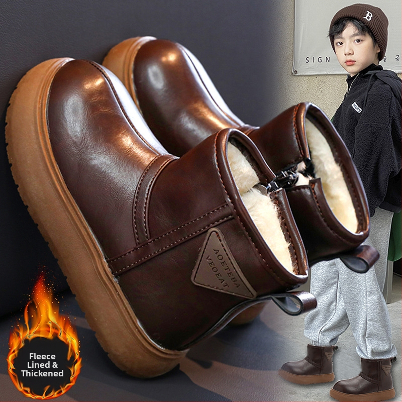 Unisex členkové čižmy s fleecovou výstelkou, nepremokavé, vrchný materiál z umelej kože, bežný štýl, pre deti 4–12 rokov