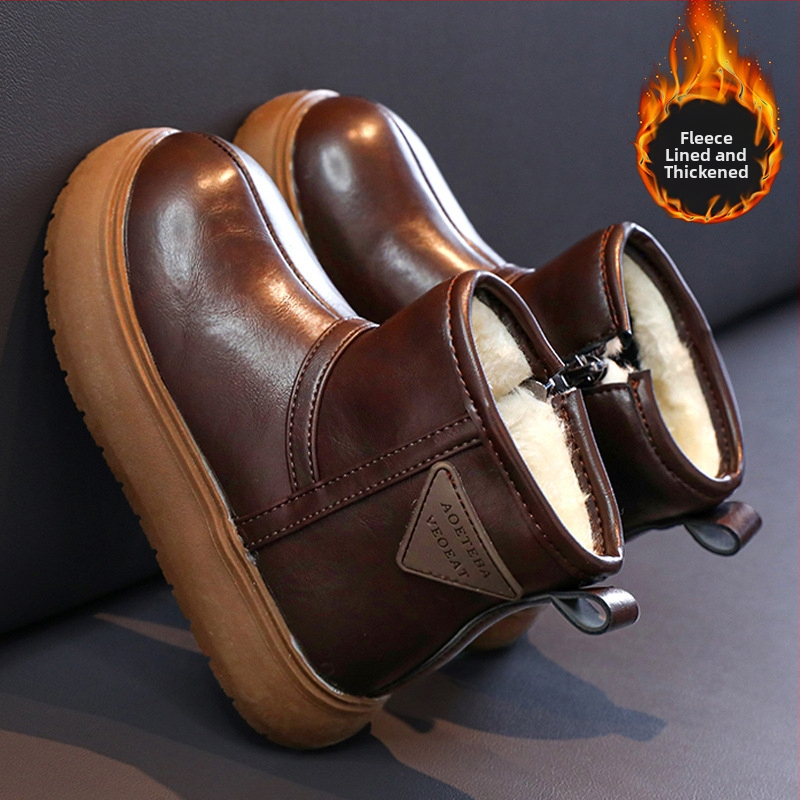 Unisex členkové čižmy s fleecovou výstelkou, nepremokavé, vrchný materiál z umelej kože, bežný štýl, pre deti 4–12 rokov