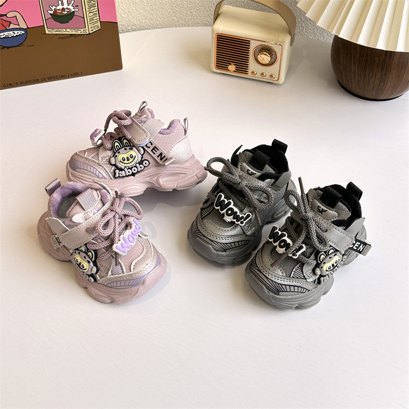 Jesensko–zimske dječje cipele s flisom, unisex, Velcro kopča, karikaturama uzorak, gornji dio od umjetne kože, EVA đon