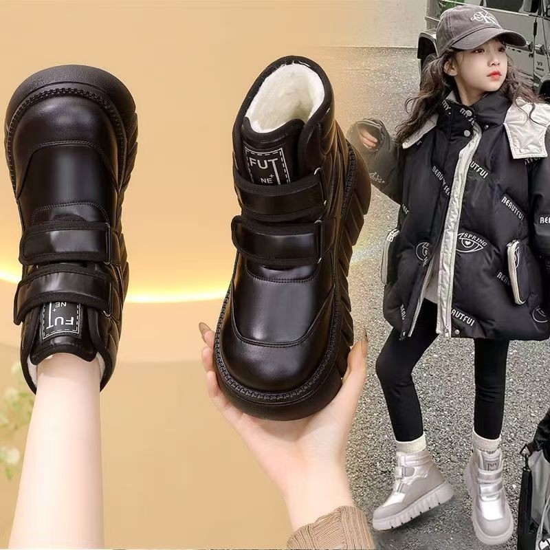 Dievčenské zimné topánky s fleecovou podšívkou, vodeodolné, vrchná časť z mikrovlákna, hrubá podrážka, suchý zips