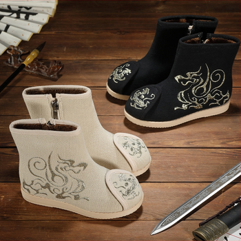 Dievčenské etnické textilné čižmy Hanfu, horný materiál bavlna, kvetinový vzor, gumová podrážka, bočný zips
