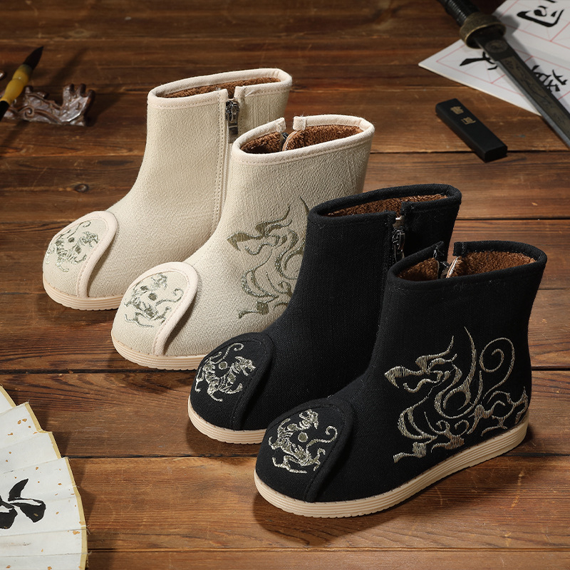Dievčenské etnické textilné čižmy Hanfu, horný materiál bavlna, kvetinový vzor, gumová podrážka, bočný zips