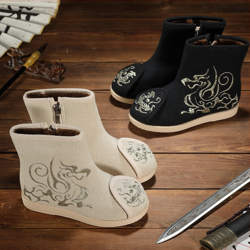Dievčenské etnické textilné čižmy Hanfu, horný materiál bavlna, kvetinový vzor, gumová podrážka, bočný zips