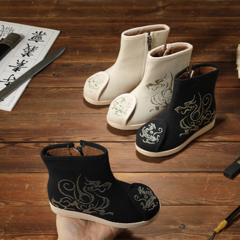 Dievčenské etnické textilné čižmy Hanfu, horný materiál bavlna, kvetinový vzor, gumová podrážka, bočný zips