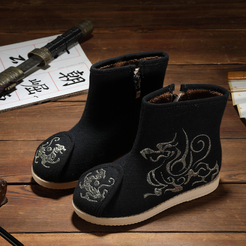 Dievčenské etnické textilné čižmy Hanfu, horný materiál bavlna, kvetinový vzor, gumová podrážka, bočný zips