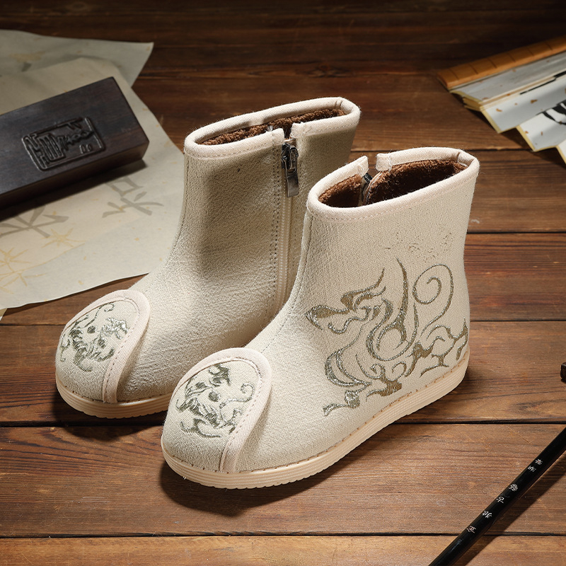 Dievčenské etnické textilné čižmy Hanfu, horný materiál bavlna, kvetinový vzor, gumová podrážka, bočný zips