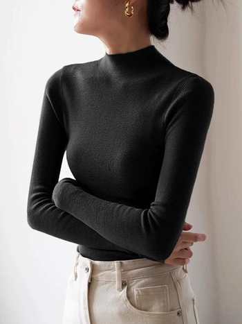 Pulover tricotat din lână 95%+, croială Slim, mâneci lungi, culoare solidă, lungime normală