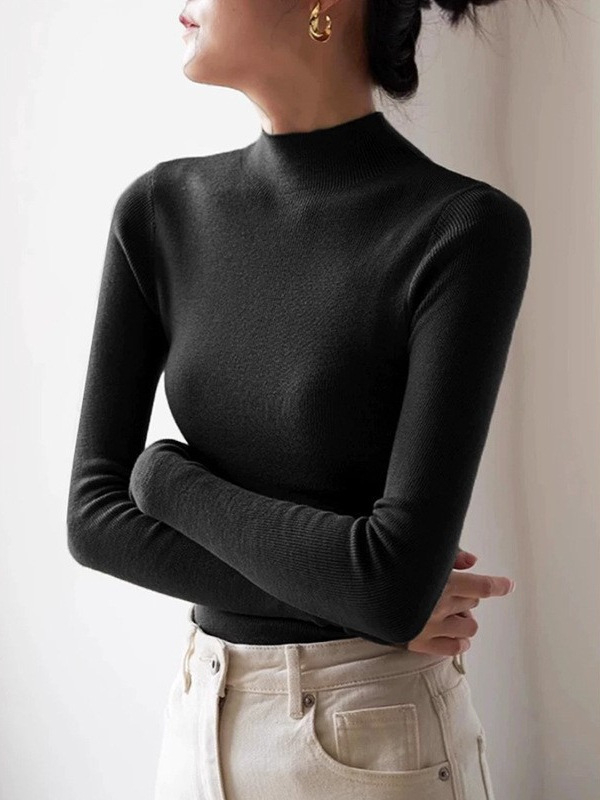 Pulover tricotat din lână 95%+, croială Slim, mâneci lungi, culoare solidă, lungime normală