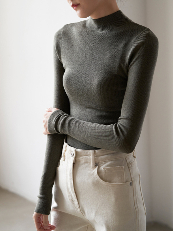 Pulover tricotat din lână 95%+, croială Slim, mâneci lungi, culoare solidă, lungime normală