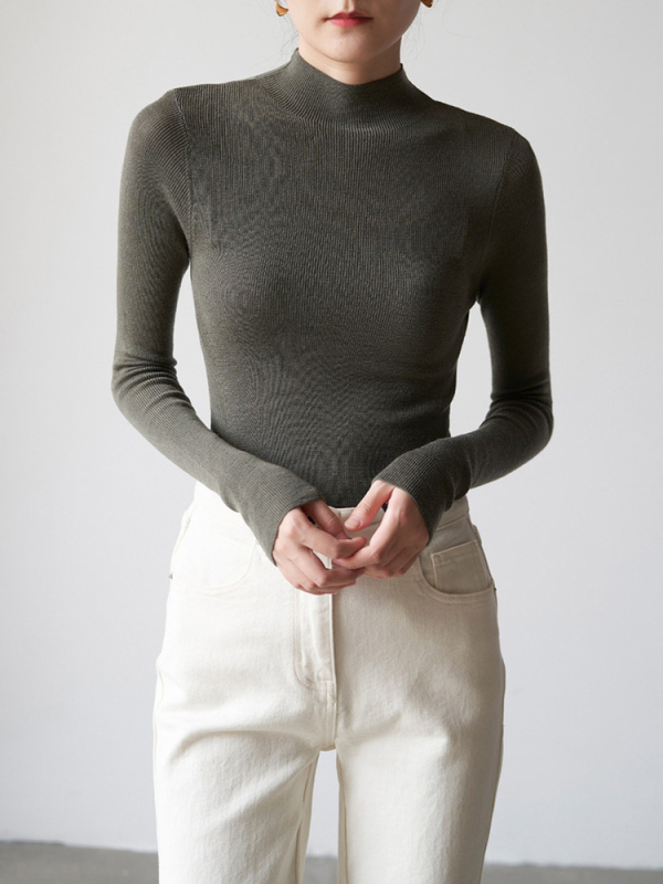 Pulover tricotat din lână 95%+, croială Slim, mâneci lungi, culoare solidă, lungime normală