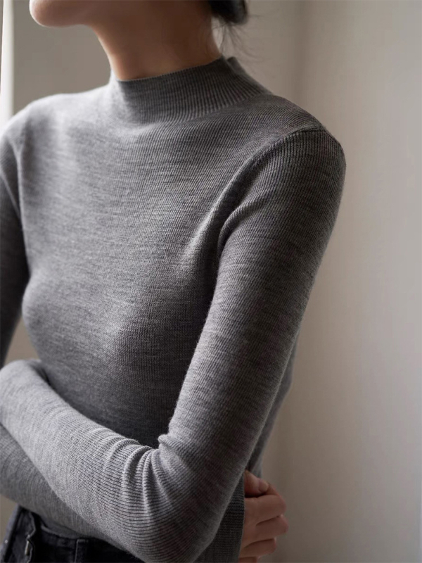 Pulover tricotat din lână 95%+, croială Slim, mâneci lungi, culoare solidă, lungime normală