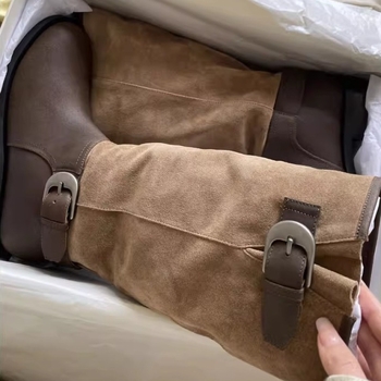 Botine dama nabuc, varf rotund, toc mediu 3-5 cm, glezna înaltă, pull-on