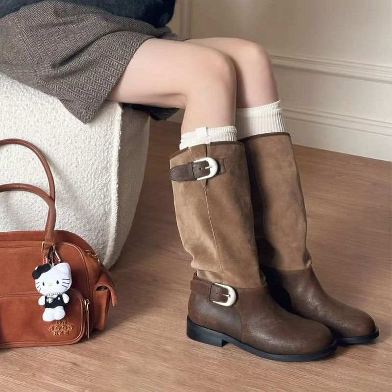 Botine dama nabuc, varf rotund, toc mediu 3-5 cm, glezna înaltă, pull-on