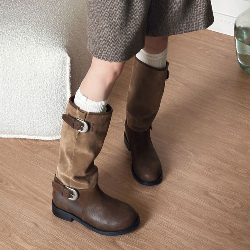Botine dama nabuc, varf rotund, toc mediu 3-5 cm, glezna înaltă, pull-on