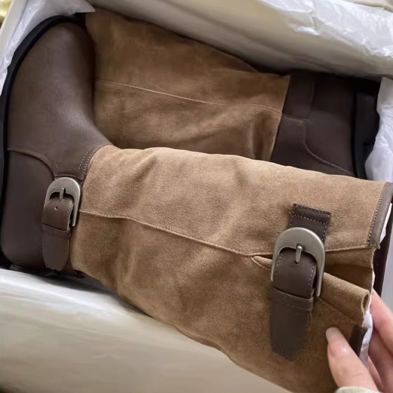 Botine dama nabuc, varf rotund, toc mediu 3-5 cm, glezna înaltă, pull-on