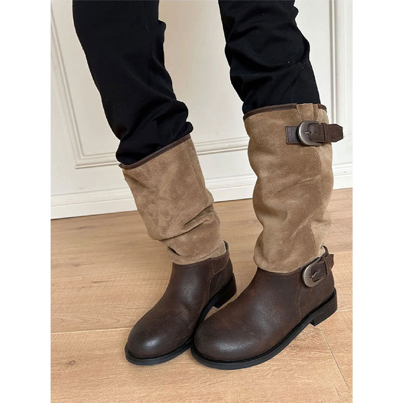 Botine dama nabuc, varf rotund, toc mediu 3-5 cm, glezna înaltă, pull-on