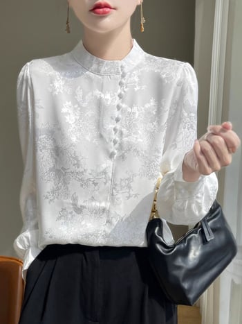 Σατινενέινο πουκάμισο με μακρύ μανίκι και V-λαιμό, σχέδιο φυτά και λουλούδια, κομψή χαλαρή γραμμή; Ύφασμα: σατέν; 80-90% πολυεστέρας; αναγεννημένη κυτταρίνη <30%