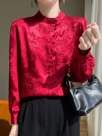 Σατινενέινο πουκάμισο με μακρύ μανίκι και V-λαιμό, σχέδιο φυτά και λουλούδια, κομψή χαλαρή γραμμή; Ύφασμα: σατέν; 80-90% πολυεστέρας; αναγεννημένη κυτταρίνη <30%